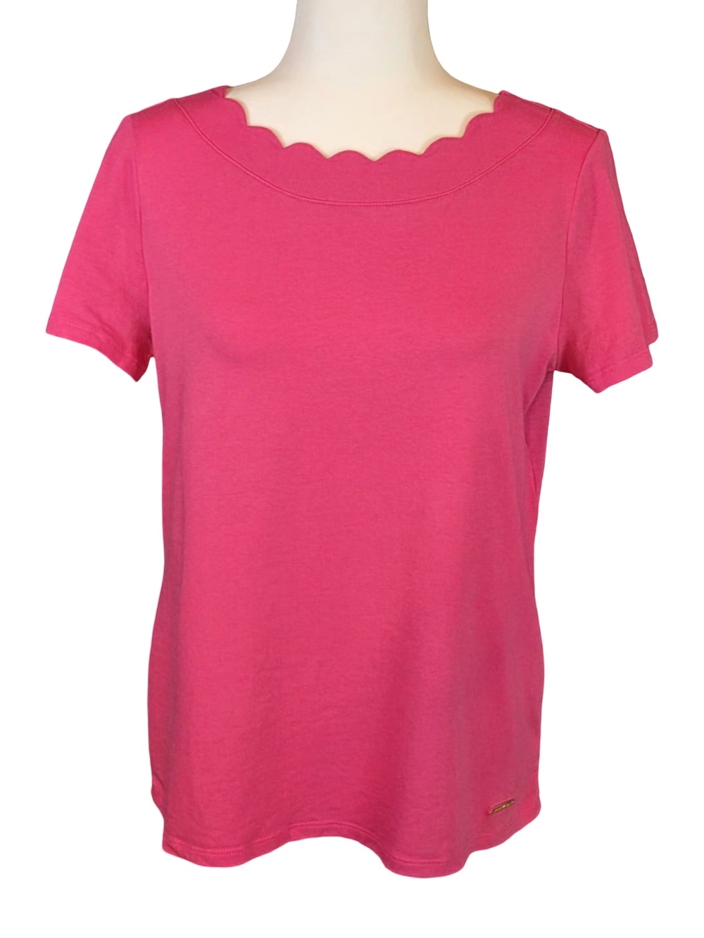 Anne Klein Hot Pink Crew Neck Tee - Gold Logo Plaque Detail Medium